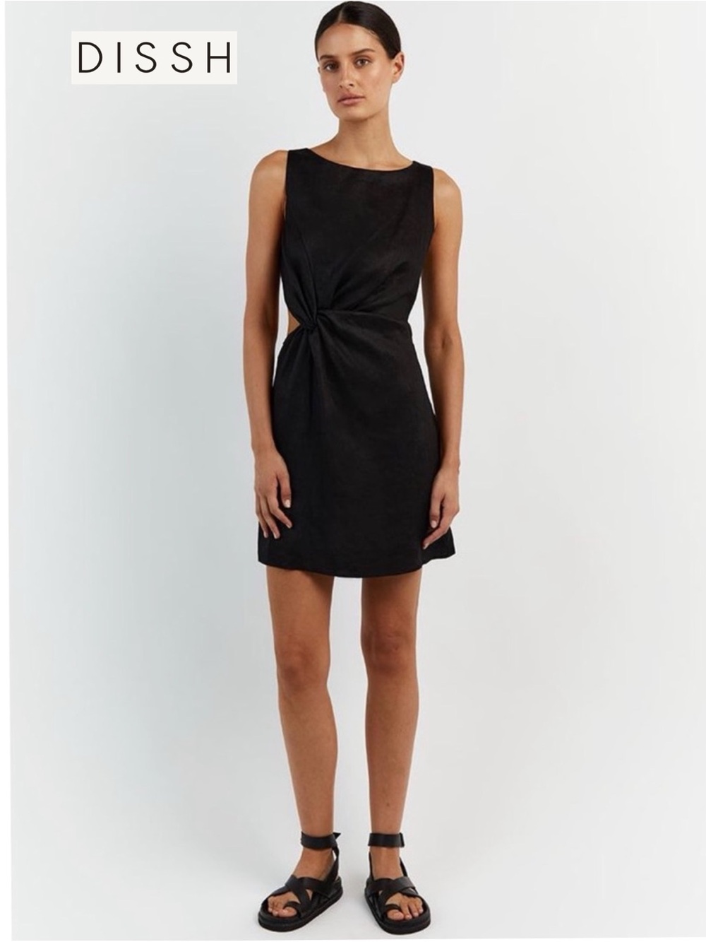 DISSH Leilani Black Linen Twist Cutout Mini Dress US 4 Minimalist